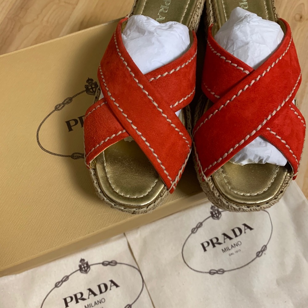 Prada Suede Cross Strap Platform Slides